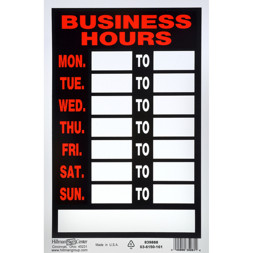 Sign English Black Hours 12" H X 8" W - pack of 6