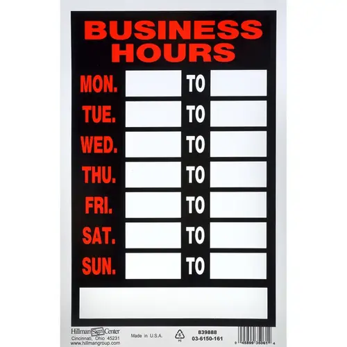 Sign English Black Hours 12" H X 8" W