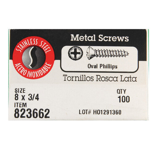 Sheet Metal Screws No. 8 S X 3/4" L Phillips Oval Head 100 Silver