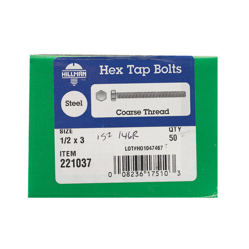 Hex Tap Bolt 1/2" D X 3" L Zinc Plated Steel Zinc Plated