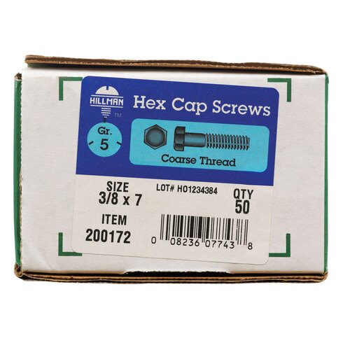 Hex Head Cap Screw 3/8" D X 7" L Heat Treated Zinc Steel Heat Treated Zinc