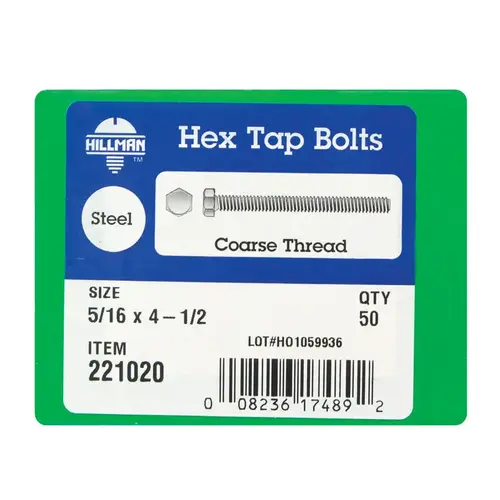 Hex Tap Bolt 1/4" D X 6" L Zinc Plated Steel Zinc Plated