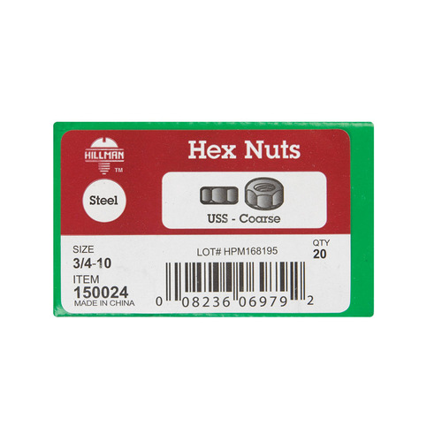 Hex Nut 3/4" Zinc-Plated Steel USS Zinc-Plated