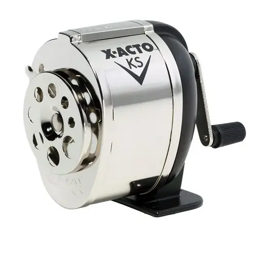 Pencil Sharpener, Hardened Steel Blade, Metal Housing Material, Black/Chrome Housing Silver