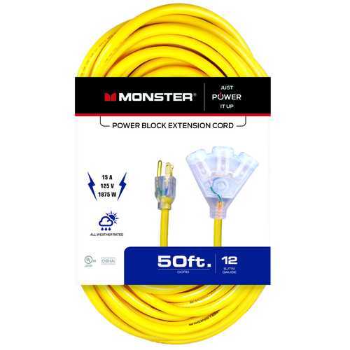 Monster 1509 Extension Cord Just Power It Up Outdoor 50 ft. L Yellow 12/3 SJTW Yellow