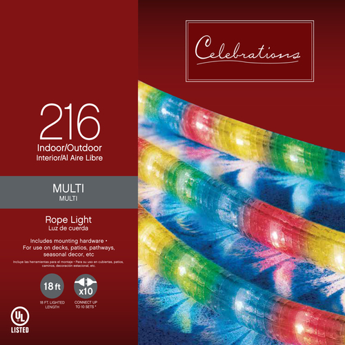 Christmas Lights Incandescent Mini Multicolored 216 ct Rope 18 ft.