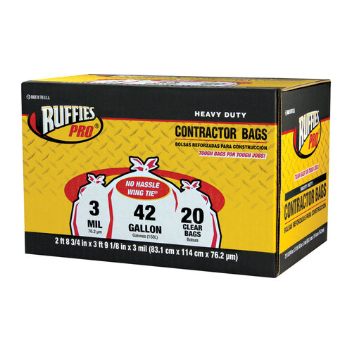 Ruffies 1124919 Contractor Bags Pro 42 gal Wing Ties 20 pk 3 mil Clear