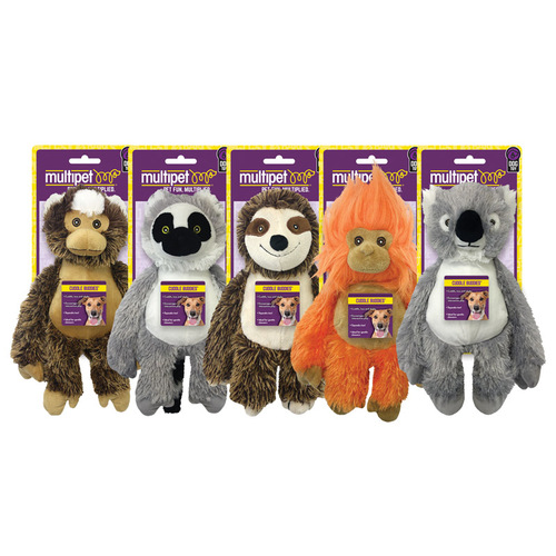 Multipet 58069-XCP12 Dog Toy Bark Buddies Assorted Monkey, Lemur, Sloth, Tamarin, and Koala Polyester Medium 5 Assorted - pack of 12