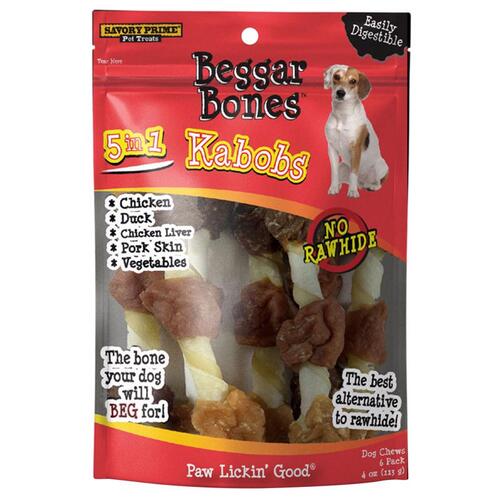 Savory Prime 365 Treats Beggar Bones 5-in-1 Kabobs Grain Free For Dogs 4 oz 7.8"