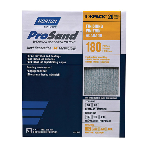 Norton 07660768168 ProSand 07660768168 Sanding Sheet, 11 in L, 9 in W, Fine, 180 Grit, Aluminum Oxide Abrasive, Paper Backing - pack of 20