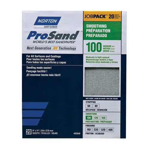 ProSand 07660768173 Sanding Sheet, 11 in L, 9 in W, Medium, 100 Grit, Aluminum Oxide Abrasive Tan - pack of 20