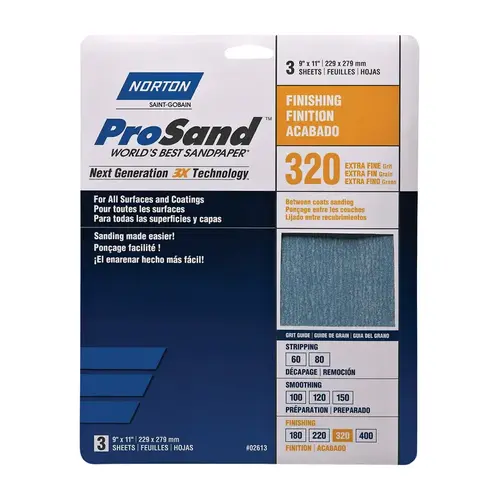 ProSand 07660768157 Sanding Sheet, 11 in L, 9 in W, Extra Fine, 320 Grit, Aluminum Oxide Abrasive Tan - pack of 3