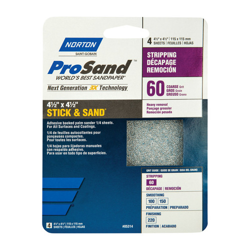 ProSand 076607 Sanding Sheet, 4-1/2 in L, 4-1/2 in W, Coarse, 60 Grit, Aluminum Oxide Abrasive