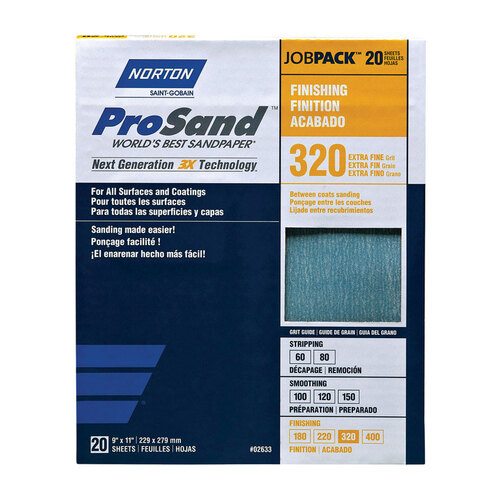 Norton 07660768166 ProSand 07660768166 Sanding Sheet, 11 in L, 9 in W, Extra Fine, 320 Grit, Aluminum Oxide Abrasive - pack of 20