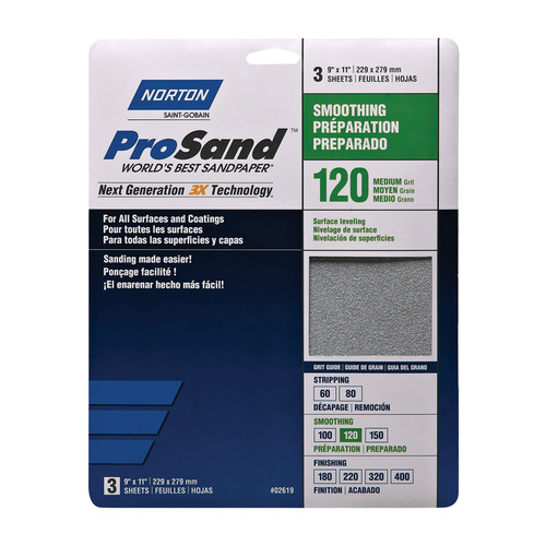 ProSand 07660768161 Sanding Sheet, 11 in L, 9 in W, Medium, 120 Grit, Aluminum Oxide Abrasive Tan - pack of 3