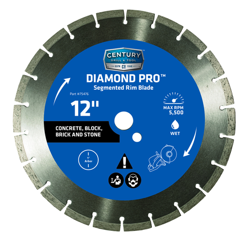 Century Drill & Tool 75476 Segmented Rim Diamond Saw Blade 12" D X 1" Diamond
