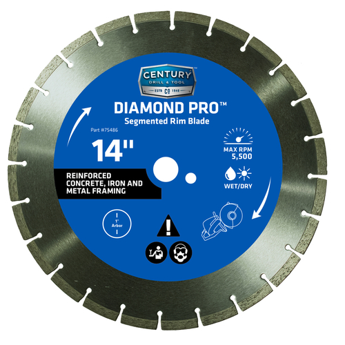 Century Drill & Tool 75486 Segmented Rim Diamond Saw Blade 14" D X 1" Diamond
