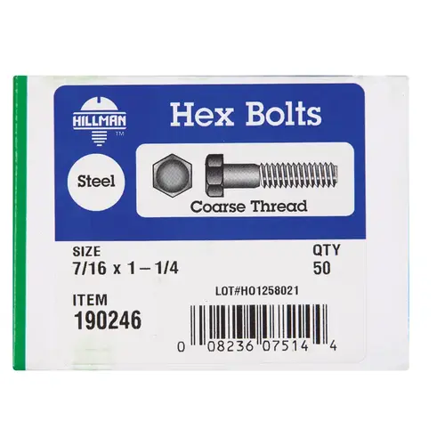 Hex Bolt 7/16" D X 1-1/4" L Zinc Plated Steel Zinc Plated