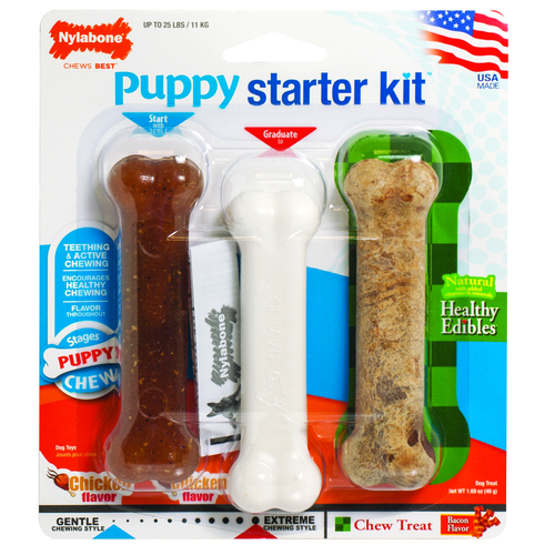 Nylabone N201PSKPX Chew Dog Toy Starter Kit Assorted Plastic Bones 1.89 oz Assorted