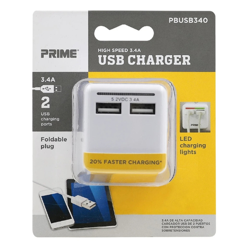 Prime PBUSB340 USB Travel Charger Polarized 1 outlets White