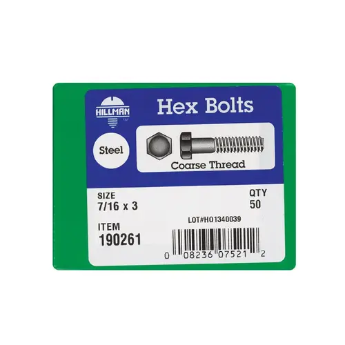 Hex Bolt 7/16" D X 3" L Zinc Plated Steel Zinc Plated