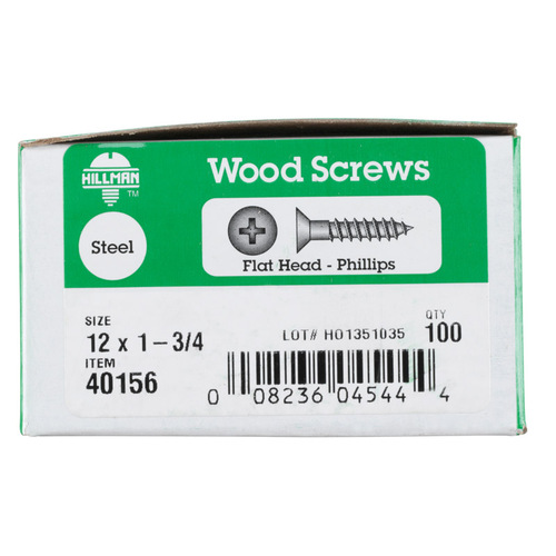 Wood Screws No. 12 S X 1-3/4" L Phillips Zinc-Plated Zinc-Plated