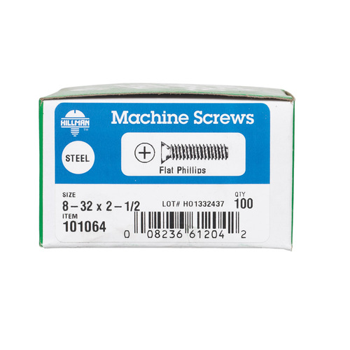 Machine Screws No. 8-32 X 2-1/2" L Phillips Flat Head Zinc-Plated Steel Zinc-Plated