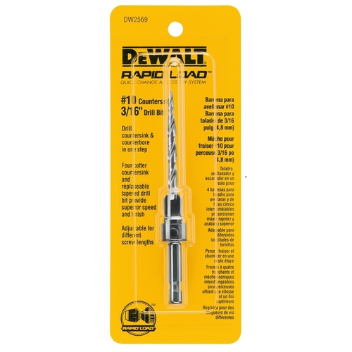 DW2569 Drill Bit, 3/16 in Dia, 3-3/4 in OAL, Countersink, Spiral Flute, 4-Flute, 1/4 in Dia Shank