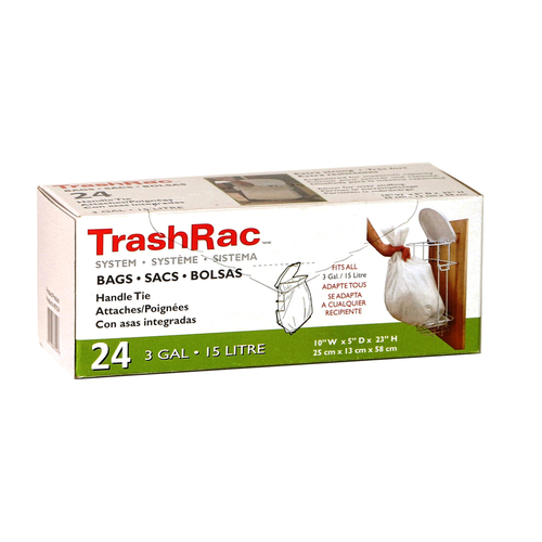 Trashrac 87024 Trash Bags 3 gal Handle Tie 24 pk 0.95 mil White