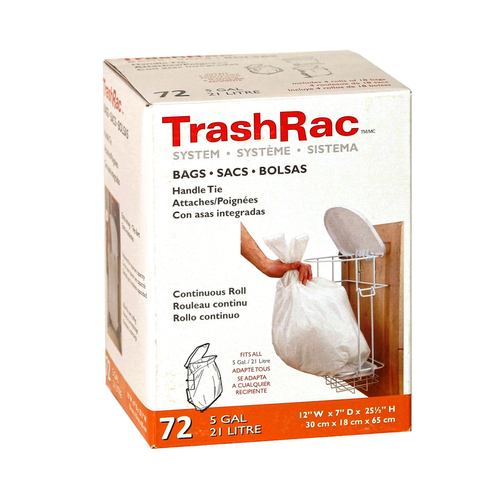 Trashrac 87072 Trash Bags 5 gal Handle Tie 72 pk 0.7 mil White