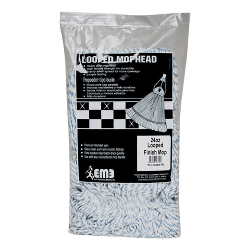 ELITE 115-LOOPED-FM Mop Refill 24 oz Looped Cotton/Synthetic Blend Blue/White