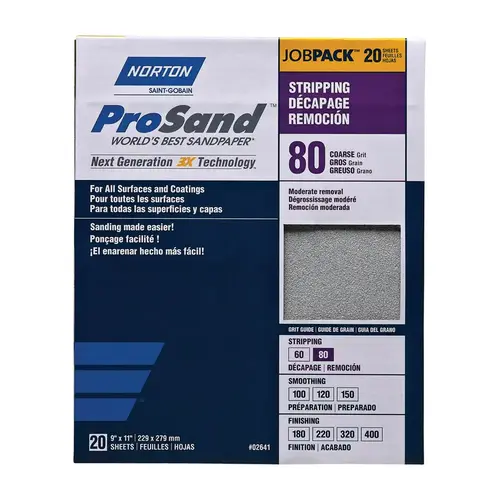 ProSand 07660768174 Sanding Sheet, 11 in L, 9 in W, Coarse, 80 Grit, Aluminum Oxide Abrasive, Paper Backing Tan - pack of 20