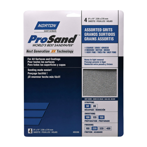 ProSand 076607 Sanding Sheet, 11 in L, 9 in W, Aluminum Oxide Abrasive, Fiber Backing - pack of 4