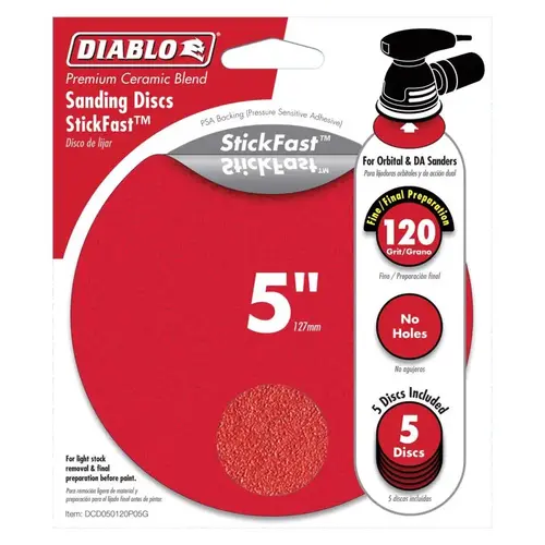 Sanding Disc, 5 in Dia, 120 Grit, Fine, Ceramic Abrasive Red - pack of 5