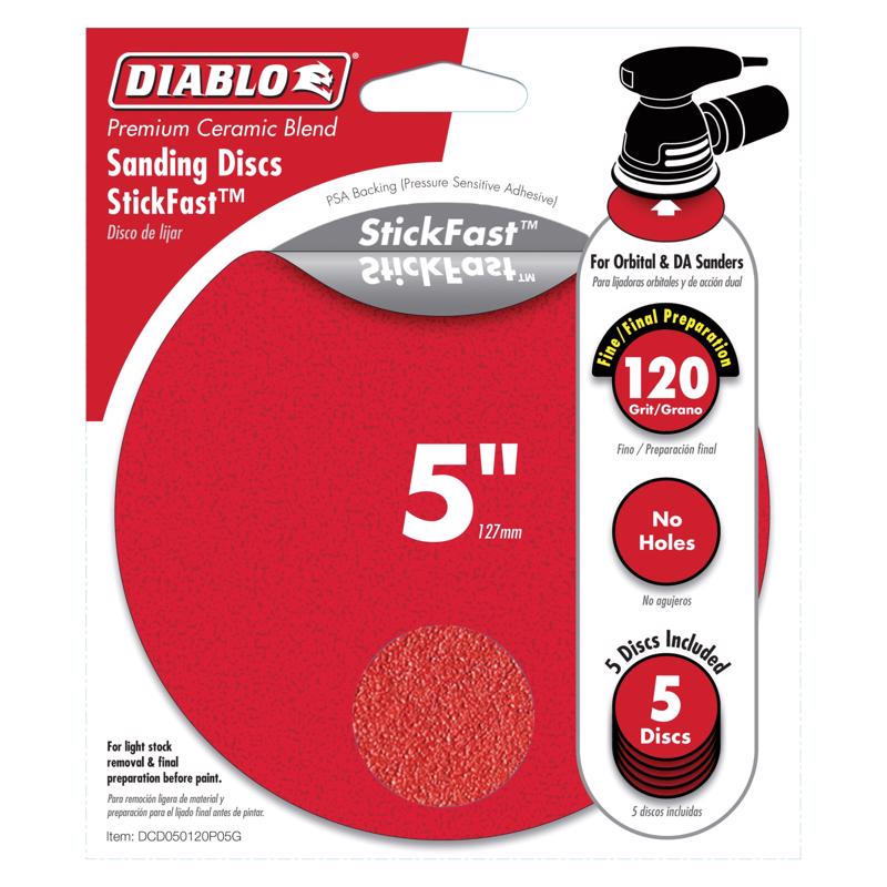 Diablo DCD050120P05G Sanding Disc, 5 in Dia, 120 Grit, Fine, Ceramic Abrasive Red - pack of 5