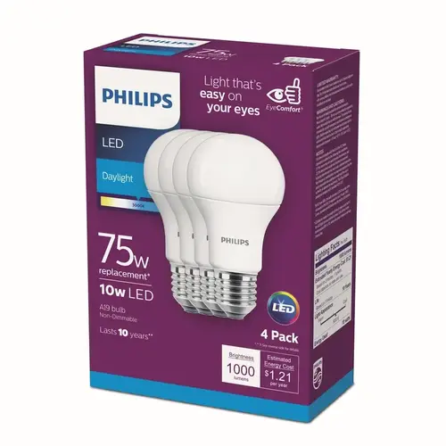 Philips 542968 EyeComfort 75W Equivalent Daylight A19 Medium LED Light Bulb Frosted - pack of 4