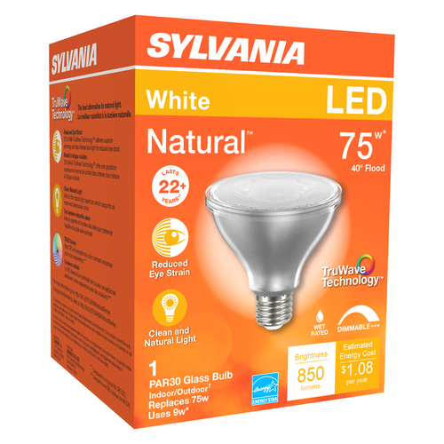 Sylvania 40916 Natural LED Bulb, Spotlight, PAR30 Lamp, E26 Lamp Base, Dimmable, Clear, Cool White Light
