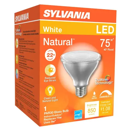 Sylvania 40916 Natural LED Bulb, Spotlight, PAR30 Lamp, E26 Lamp Base, Dimmable, Clear, Cool White Light Glass