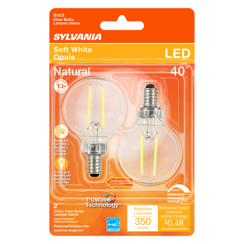 Natural LED Bulb, Decorative, G16.5 Lamp, 40 W Equivalent, E12 Lamp Base, Dimmable, Clear Pair