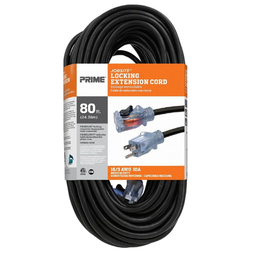Prime ECPL502633 Extension Cord Jobsite Outdoor 80 ft. L Black 16/3