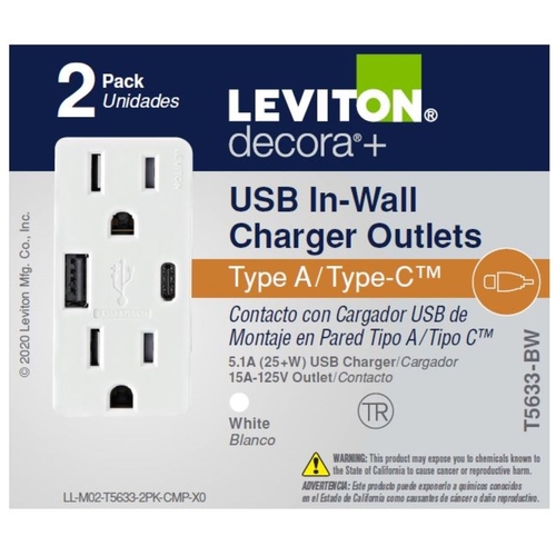 Leviton T5633-2BW Outlet And USB Charger Decora 15 Amps Type A/C Duplex ...