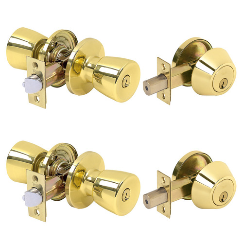 Deadbolt and Entry Door Knob Double Pack Bright Brass 1-3/4" Bright Brass