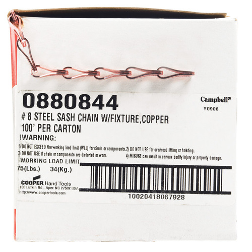 T Sash Chain, #8, 100 ft L, 75 lb Working Load, Carbon Steel, Copper Glo