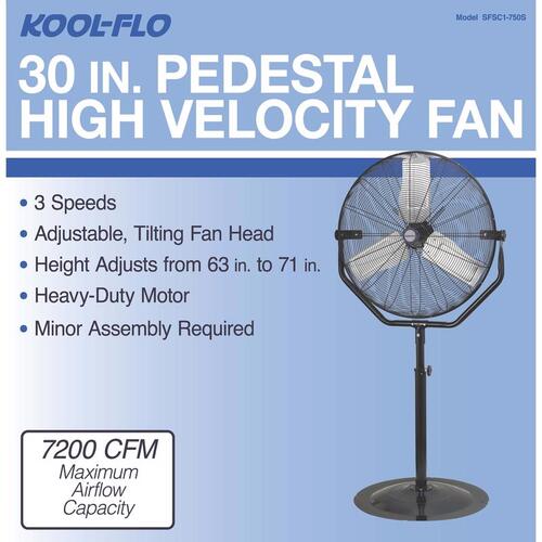 Pedestal Fan 72" H X 30" D 3 speed Powder-Coated Steel