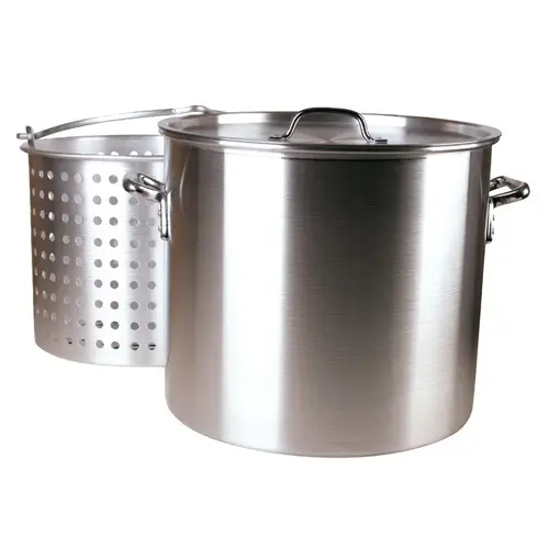 60 Qt. Aluminum Stockpot, with 40 Qt. Strainer Basket Silver