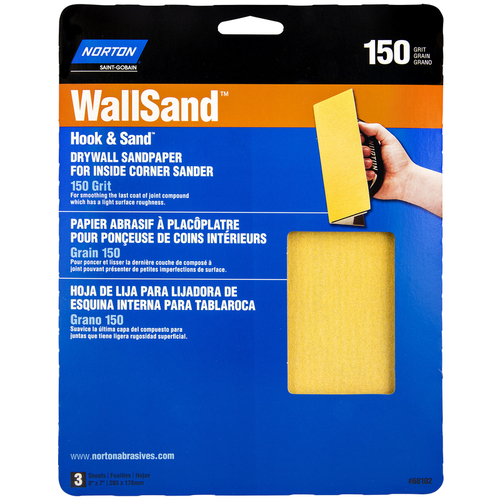 Corner Sandpaper, 8 in L, 7 in W, P150 Grit, Fine, Aluminum Oxide Abrasive - pack of 3