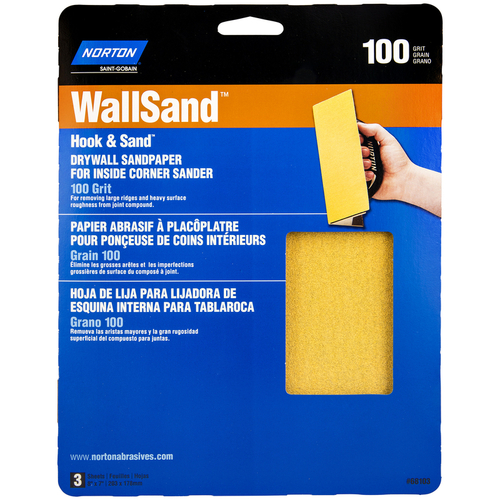 Corner Sandpaper, 8 in L, 7 in W, P100 Grit, Medium, Aluminum Oxide Abrasive Yellow - pack of 3