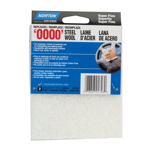 Steel Wool, 4-3/8 in L, 5-1/2 in W, #0000 Grit, Super Fine, White Pair