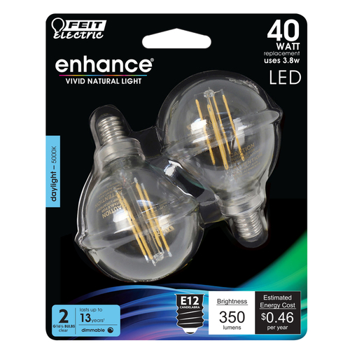 LED Light Bulb, Globe, G16 Lamp, E12 Lamp Base, Dimmable, 5000 K Color Temp - Pair Clear - 2 per pack x6 packs