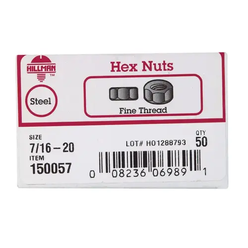 Hex Nut 7/16" Zinc-Plated Steel SAE Zinc-Plated